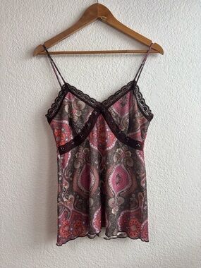 Y2K Xhilaration Women’s Paisley Lace Trim Cami Tank Pink Brown Medium